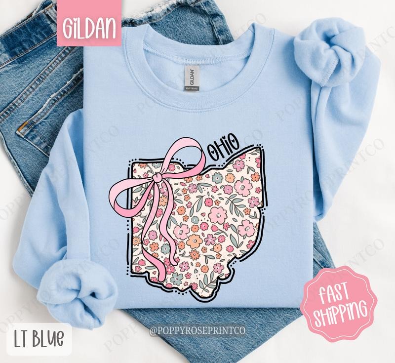 Ohio Floral Bow Gildan Sweatshirt, Cute Trendy State Coquette Pullover T-Shirts, Hoodie | HypeDripTees.com