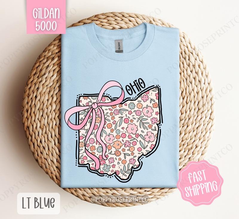 Ohio Floral Bow Gildan T-shirt, Cute Trendy Tee, State Coquette Oversized Top Hoodie, Sweatshirt | HypeDripTees.com