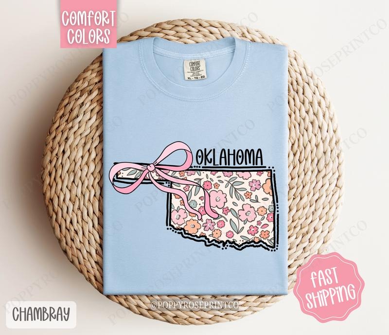 Oklahoma Floral Bow Comfort Colors T-shirt, Cute Trendy Tee, State Coquette Oversized Top Hoodie, Sweatshirt