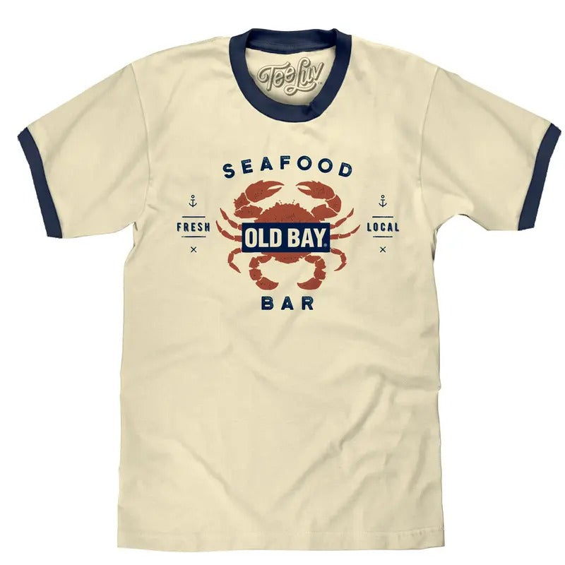 Old  Bay Seafood Bar Lobster Logo Ringer T-Shirt - Beige and Navy Hoodie, Sweatshirt | HypeDripTees.com