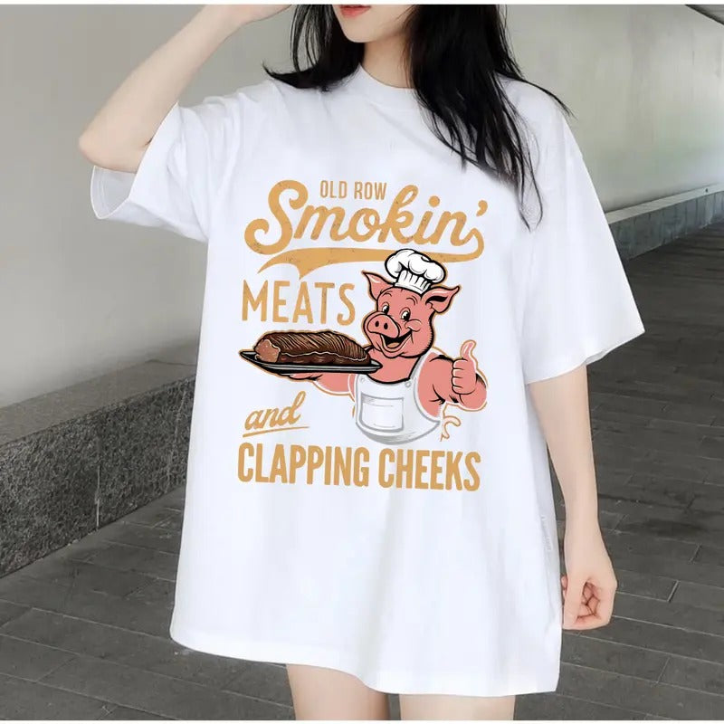 Old Row Unisex 100% Cotton T-shirt, Smokin Meat Fun Pig BBQ, for Men & Womenstyle{n002}2 Hoodie, Sweatshirt