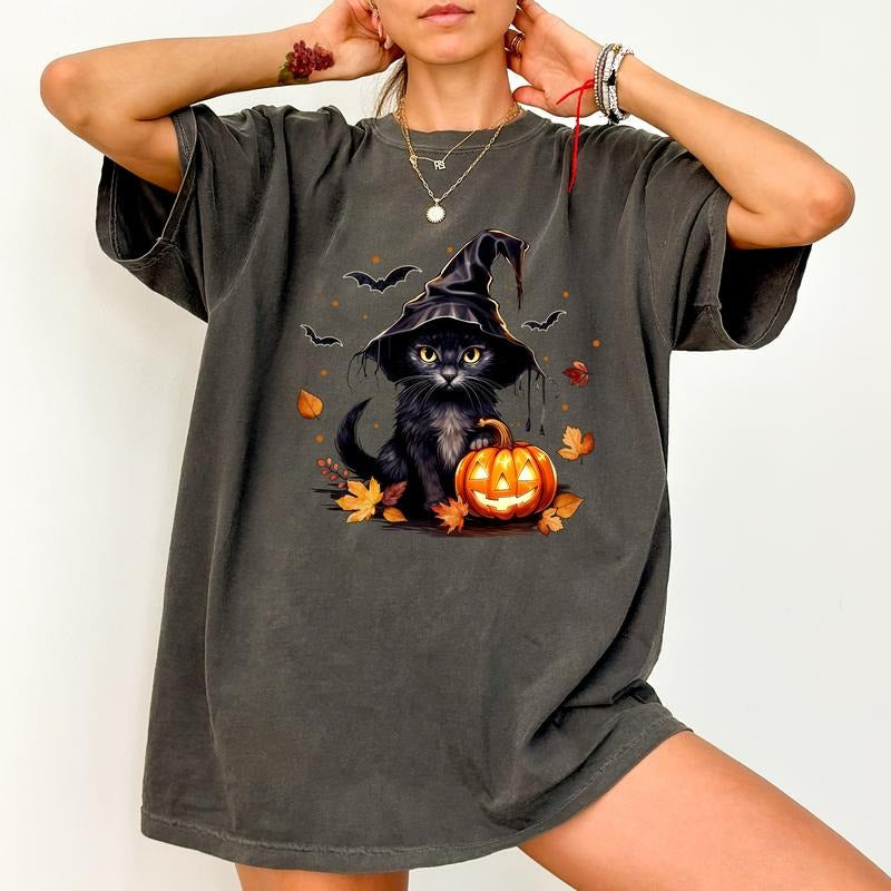 Old School Black Cat Comfort Colors Shirt, Jack O Lantern Pumpkin Halloween Graphic Tee, Spooky Season Unhinged Shirt,...