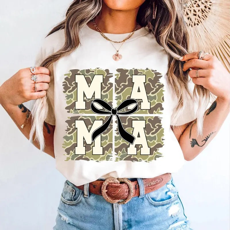 Oldschool Camo Mama Black Coquette Bow Tee, Camouflage Coquette Old Camo Mama Shirt, Mother's Day Gift, Camo Mom Shirt,...