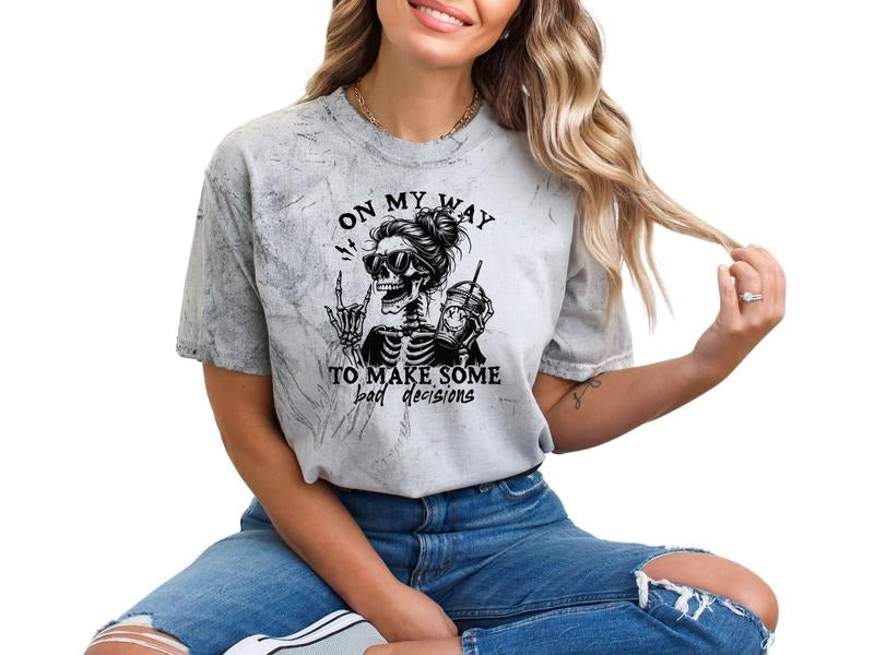 On My Way to Make Bad Decisions Unisex Size Graphic T Shirt for Women, Casual T-Shirt, Skull - Retro Inspired Graphic...