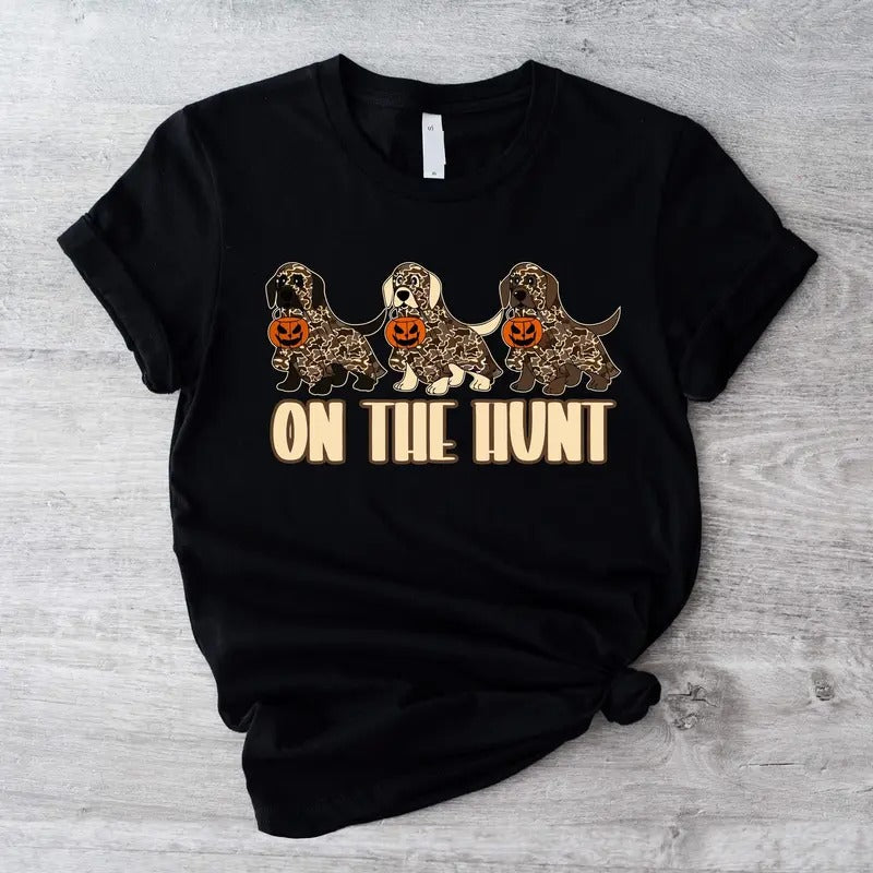 On The Hunt Cute Spooky Dog HUnting Halloween Shirt, Hunting Dog And Pumpkin Camo Tee Hoodie, Sweatshirt | HypeDripTees.com