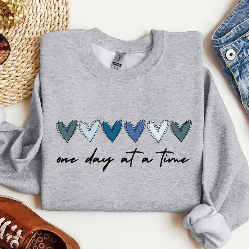 One Day at a Time Sweatshirt, Hearts Crewneck, Recovery Gift for Her, Encouragement Shirt, Inspirational Quotes Tshirt,...