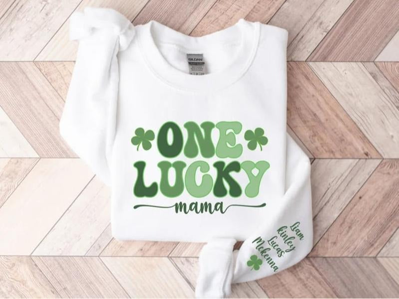 One Lucky Mama St Patrick's Day Sweatshirt, Custom Mama Sweatshirt With Kid Name On Sleeve, Mama Shamrock Sweater, Mom St...