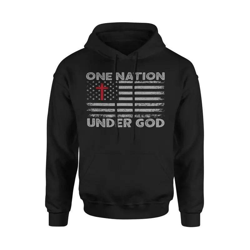 One Nation Under God American Flag With Cross Patriotic Hoodie Sweatshirt Cotton Fabric T-Shirts | HypeDripTees.com