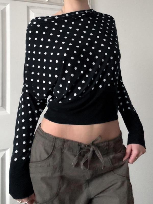 One Shoulder Batwing Sleeve Loose Polka Dot T-Shirt, Casual Spring & Fall Fashion, Women's Comfortable Top, Stylish and...
