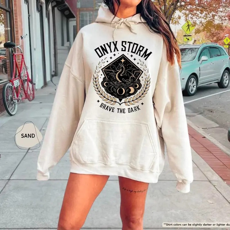Onyx Storm Brave The Dark Hoodie, Dragon Lover Sweatshirt, Fantasy Rider Shirt, Fantasy Bookish Hoodie, Book Lover...