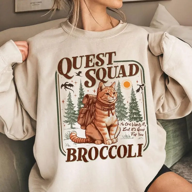 Onyx Storm Quest Squad Broccoli Sweatshirt, Broccoli Cat Shirt, Ridoc Romantasy Fan Shirt, Dragon Rider Shirt, Bookworm...