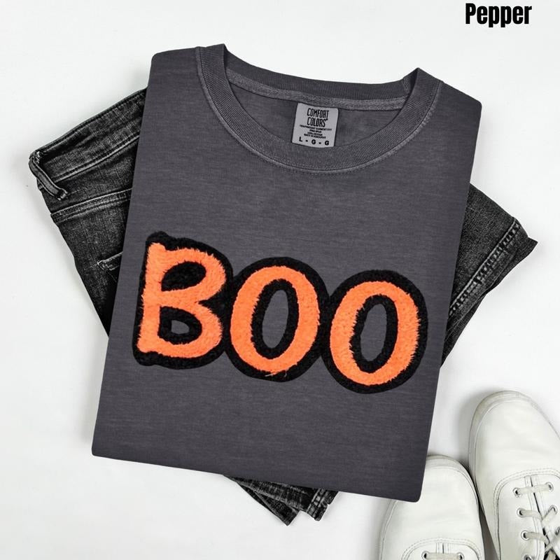 Orange & Black BOO Fluffy Patch Comfort Colors T-Shirt Hoodie, Sweatshirt | HypeDripTees.com