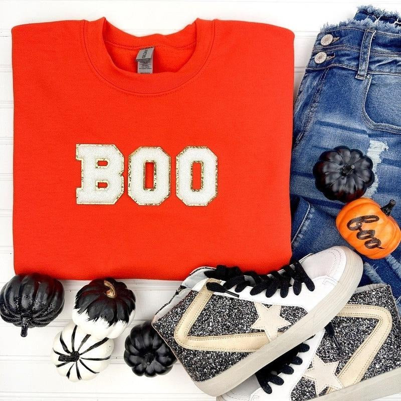 Orange BOO Patch Sweatshirt T-Shirts, Hoodie | HypeDripTees.com