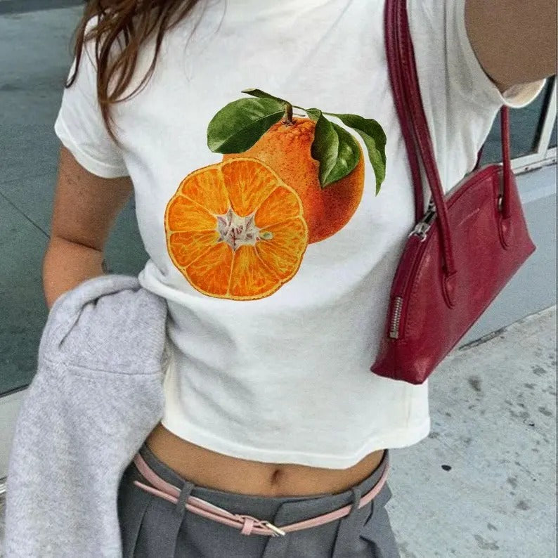 Orange Print Baby Tee, Y2k Graphic Baby Tee, 90s Baby Tee, Trending Fruit Shirt, Y2k Shirt Hoodie, Sweatshirt