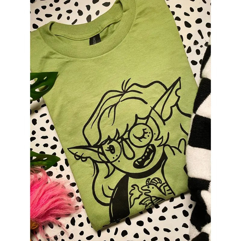 Orc girl on avocado green unisex shirt. Printed in Long Beach, CA. Hoodie, Sweatshirt | HypeDripTees.com