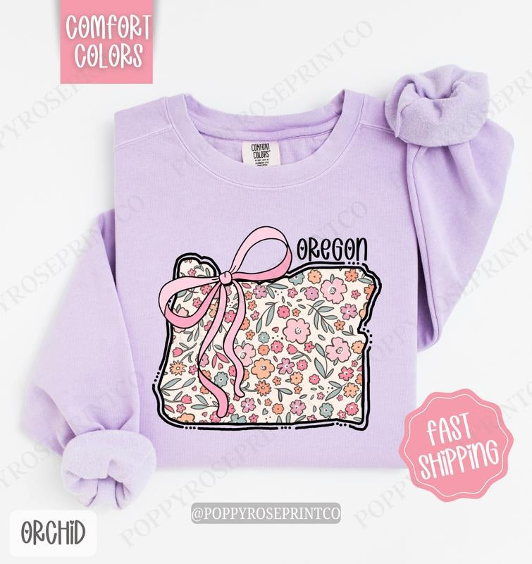 Oregon Floral Bow Comfort Colors Sweatshirt, Cute Trendy State Coquette Pullover T-Shirts, Hoodie | HypeDripTees.com