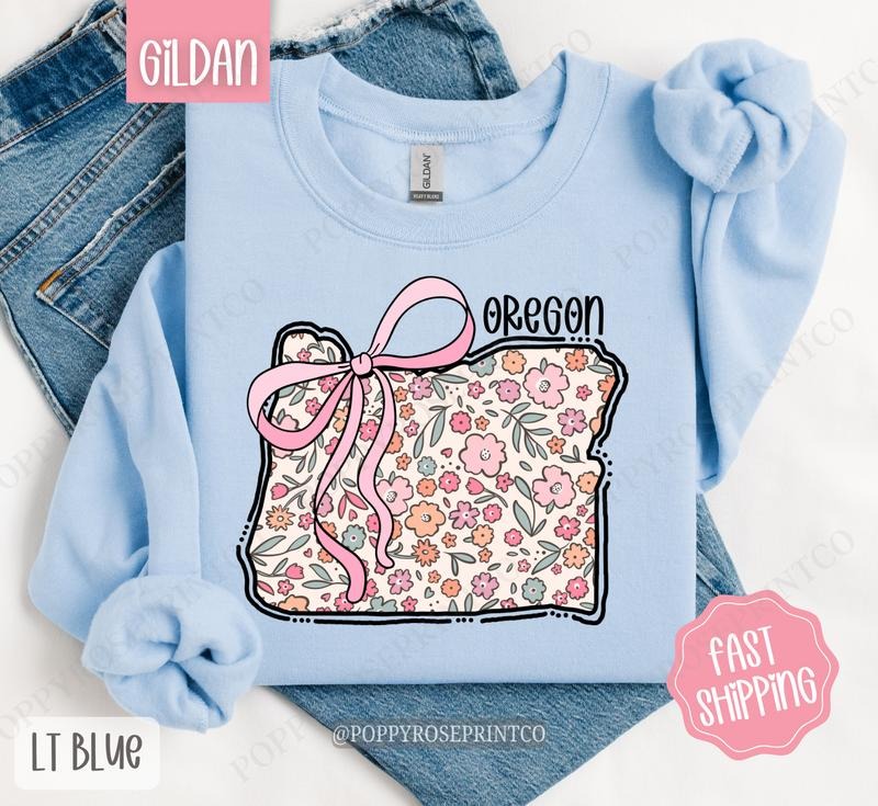 Oregon Floral Bow Gildan Sweatshirt, Cute Trendy State Coquette Pullover T-Shirts, Hoodie | HypeDripTees.com