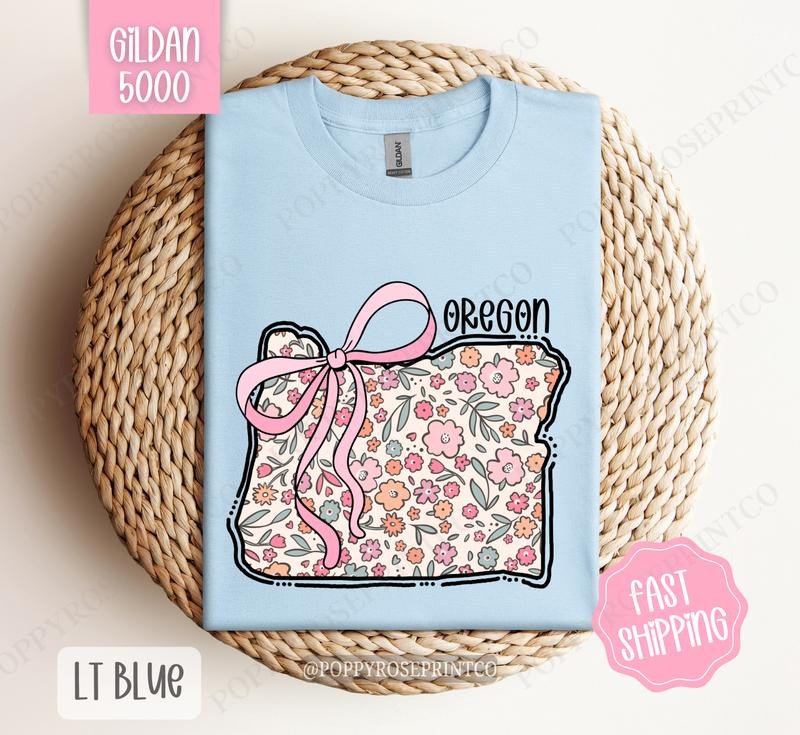 Oregon Floral Bow Gildan T-shirt, Cute Trendy Tee, State Coquette Oversized Top Hoodie, Sweatshirt | HypeDripTees.com