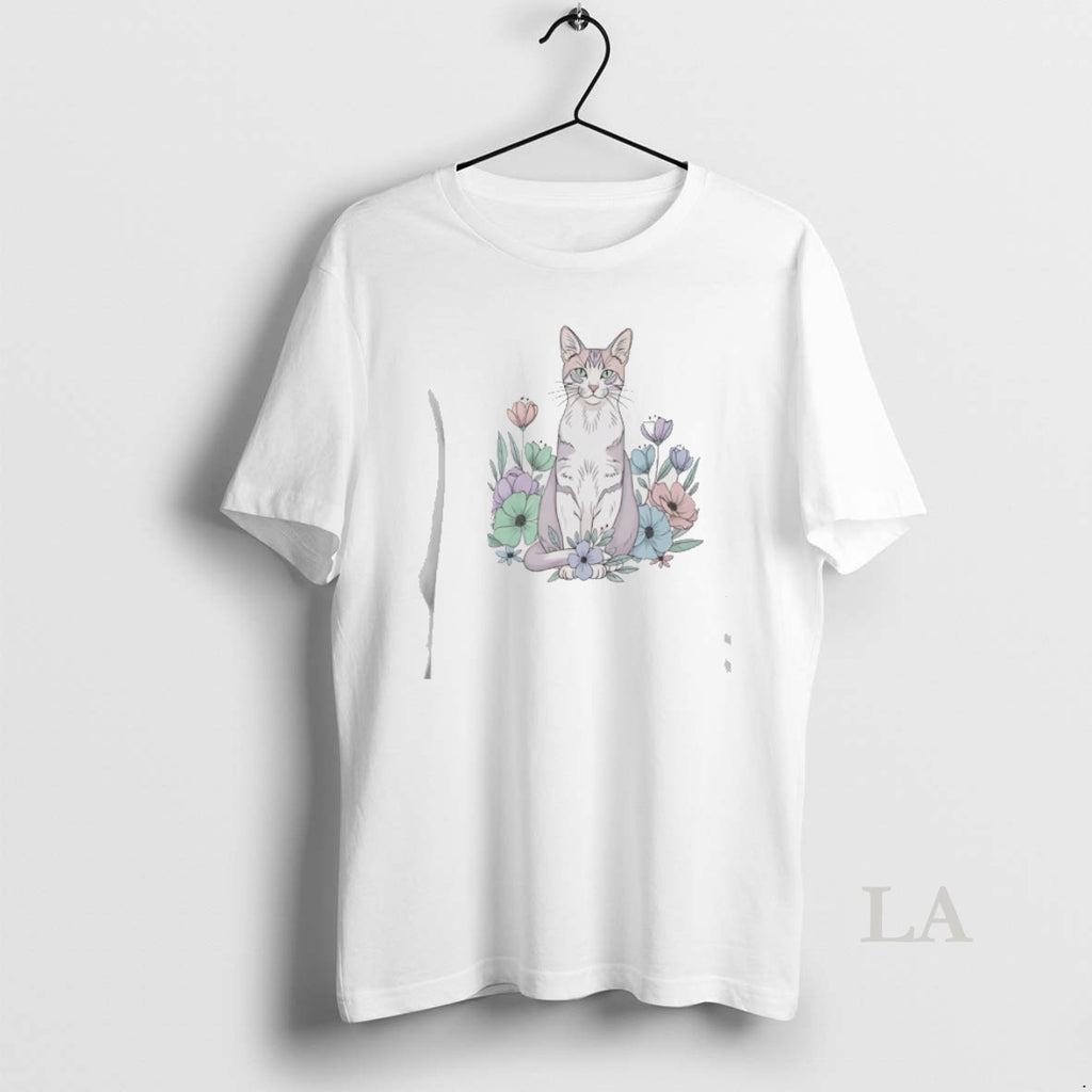 Original Cute Sitting Cat In Floral Garden Watercolor