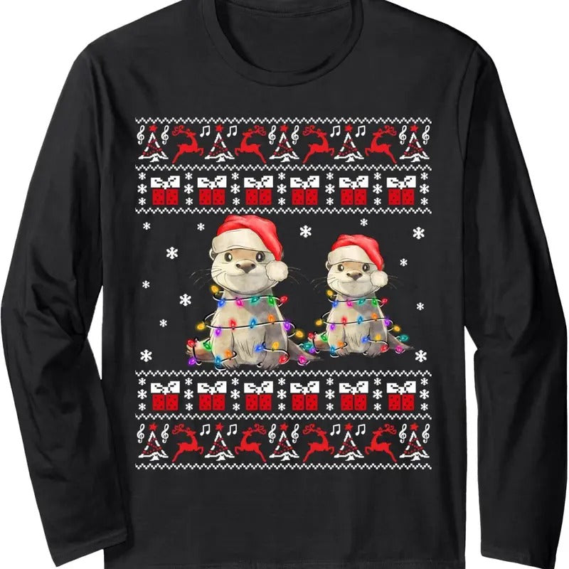 Otter Ugly Christmas Sweater Xmas Lights Family Matching Long Sleeve T-Shirt Hoodie, Sweatshirt | HypeDripTees.com
