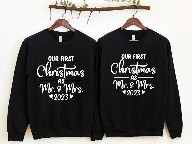 Our First Christmas As Mr And Mrs 2023 Sweatshirt, Matching Couples Christmas Hoodie, Newly Married Christmas Gift...