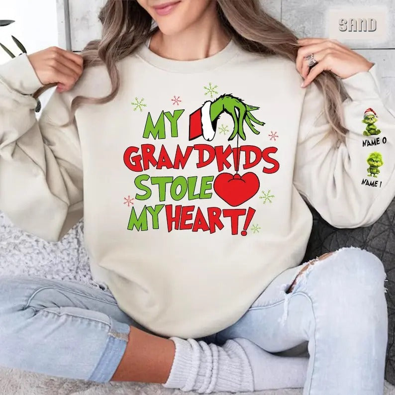 Oversized Custom Christmas Sweatshirt, My Grandkids Stole Me Heart Custom Sweaters, Green Monster Grandma Crewneck,...
