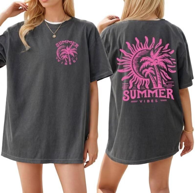 Oversized Summer Vibes Shirt for Women Hawaiian Beach Vacation Party Tee Tops Vintage Sunshine Coconut Tree Graphic Top...