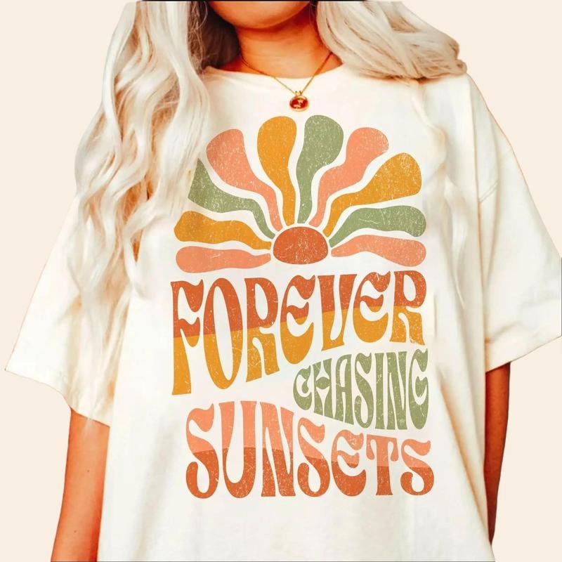 Oversized Sunset Graphic Tees for Women Forever Chasing Sunset Graphic Tees Summer Casual Hawaiian Shirts for Women...