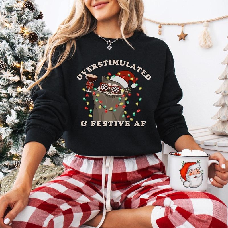 Overstimulated & Festive AF Raccoon Christmas Sweatshirt, Espresso Martini Tangled Lights Unhinged Funny Weirdcore Meme...