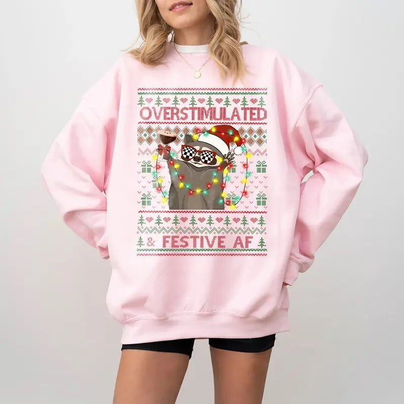 Overstimulated & Festive Af Raccoon Christmas Sweatshirt, Ugly Christmas Sweater Party Sweatshirt, Funny Weirdcore Meme...