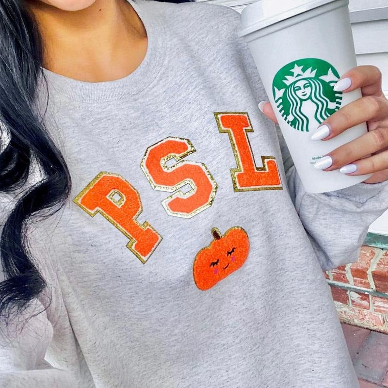 'PSL' Letter Patch Sweatshirt - Pumpkin Spice Latte, Chenille Letter Patches T-Shirts, Hoodie | HypeDripTees.com