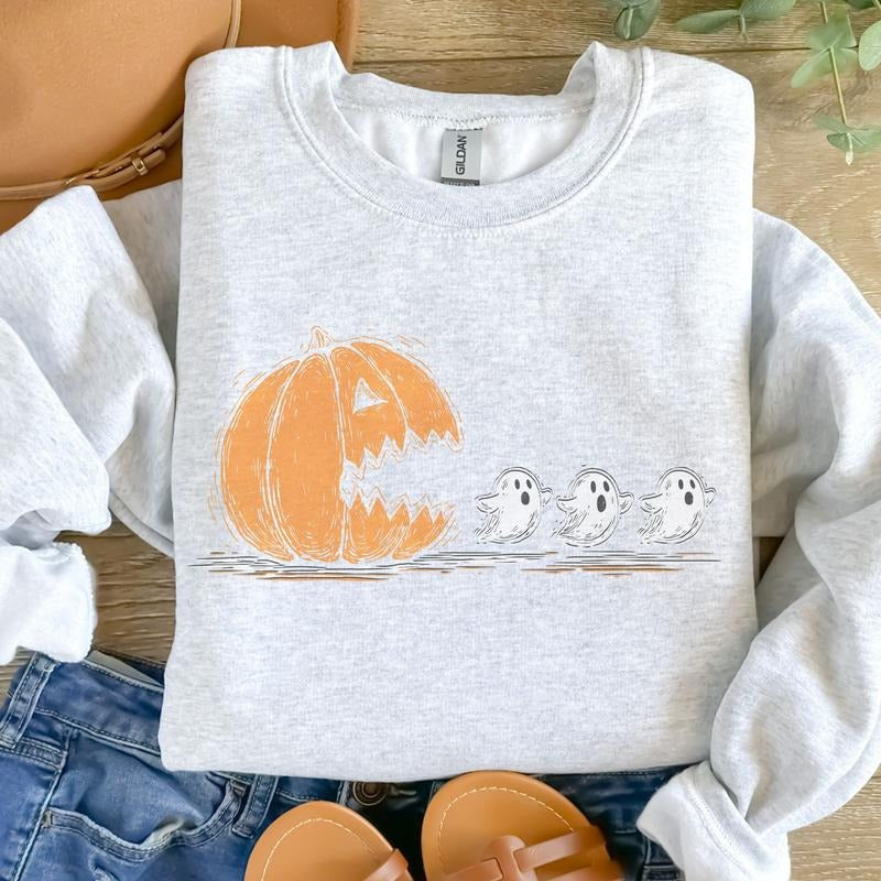Pac Man Pumpkin Ghost Sweatshirt - Ash Grey - Spooky Sweatshirt T-Shirts, Hoodie | HypeDripTees.com
