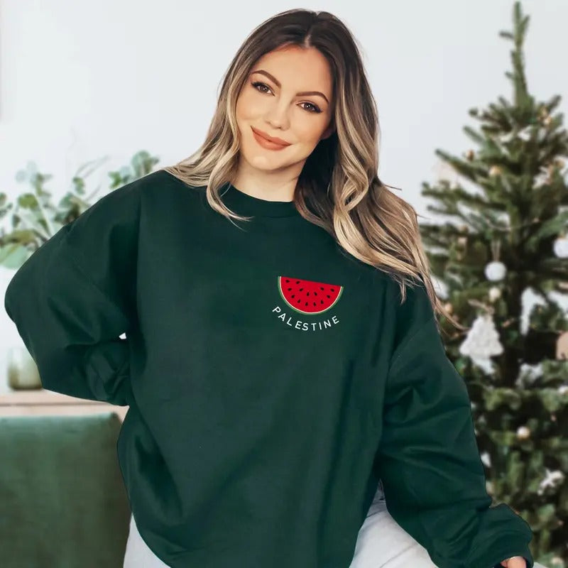 Palestine Watermelon Sweatshirt - Green Cotton Crewneck with Palestine Flag Colors - Comfortable Fit for Women, Long...