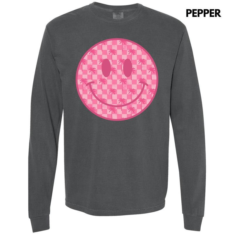 Palm Tree Checker Happy Face Long Sleeve Comfort Colors T-Shirt 'NLB' Hoodie, Sweatshirt | HypeDripTees.com