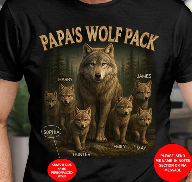 Papa's Wolf Pack Custom Grandpa With Kids Names Shirt T-Shirt Sustainable Cotton Hoodie, Sweatshirt | HypeDripTees.com