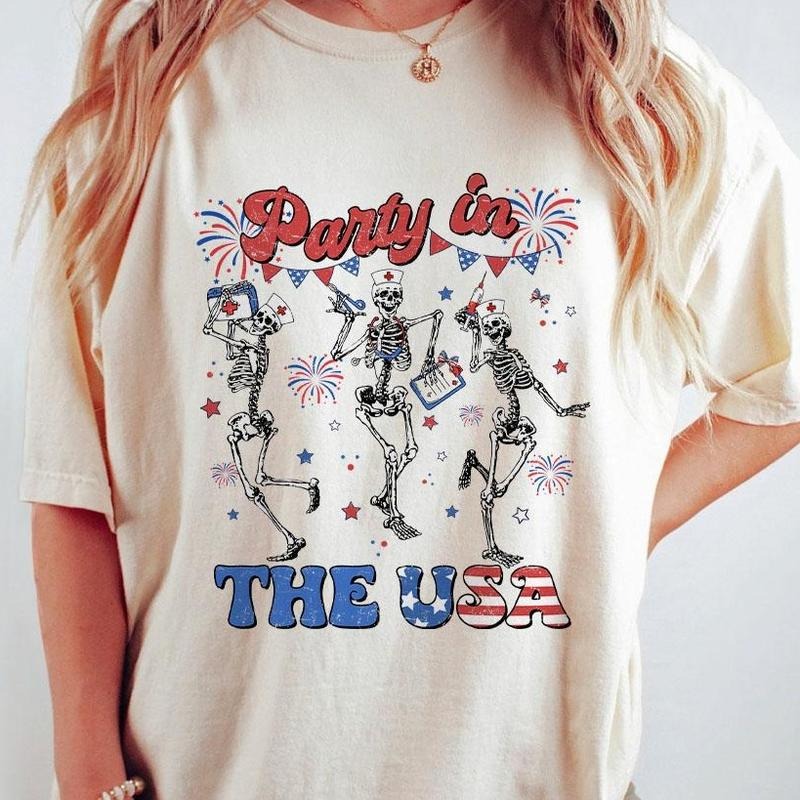 Party In The USA Shirts, 4th Of July Shirt, Shirts For Nurses, Dancing Skeleton Nurse T-shirts, USA Retro Shirts, America...