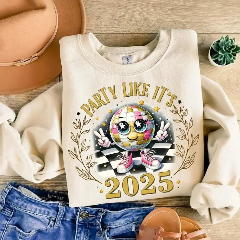 Party Like It's 2025 New Year Cute Disco Ball Sweatshirt, New Year New Me, Hello 2025 Shirt Hoodie | HypeDripTees.com