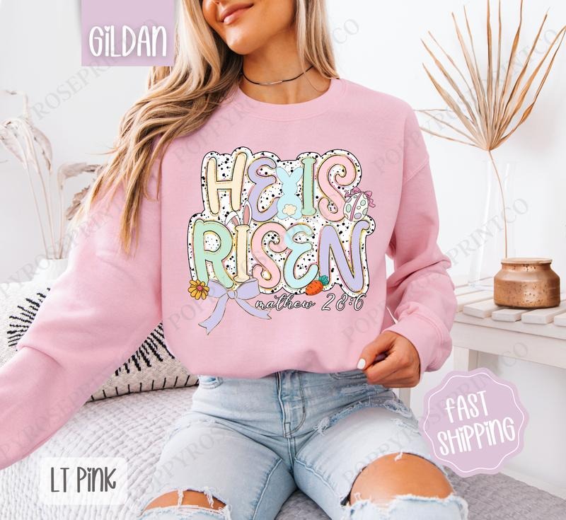 Pastel He is Risen Sweatshirt, Coquette Easter Crewneck, Trendy Religious Women's Sweater, Gift for Her T-Shirts, Hoodie