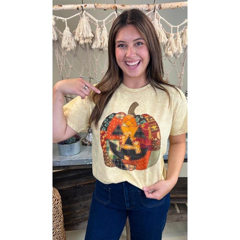 Patchwork Pumpkin Halloween Mineral Washed Graphic Shirt Hoodie, Sweatshirt | HypeDripTees.com