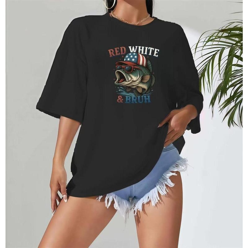 Patriotic - Inspired T - Shirt: Fish Graphic with 'RED WHITE & BRUSH' for a Fun, Laid
