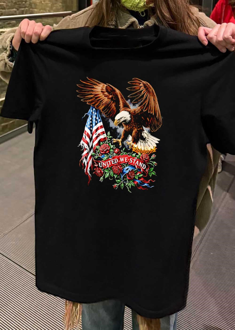 Patriotic Apparel Eagle Soaring Over American Flag United We Stand T-Shirt