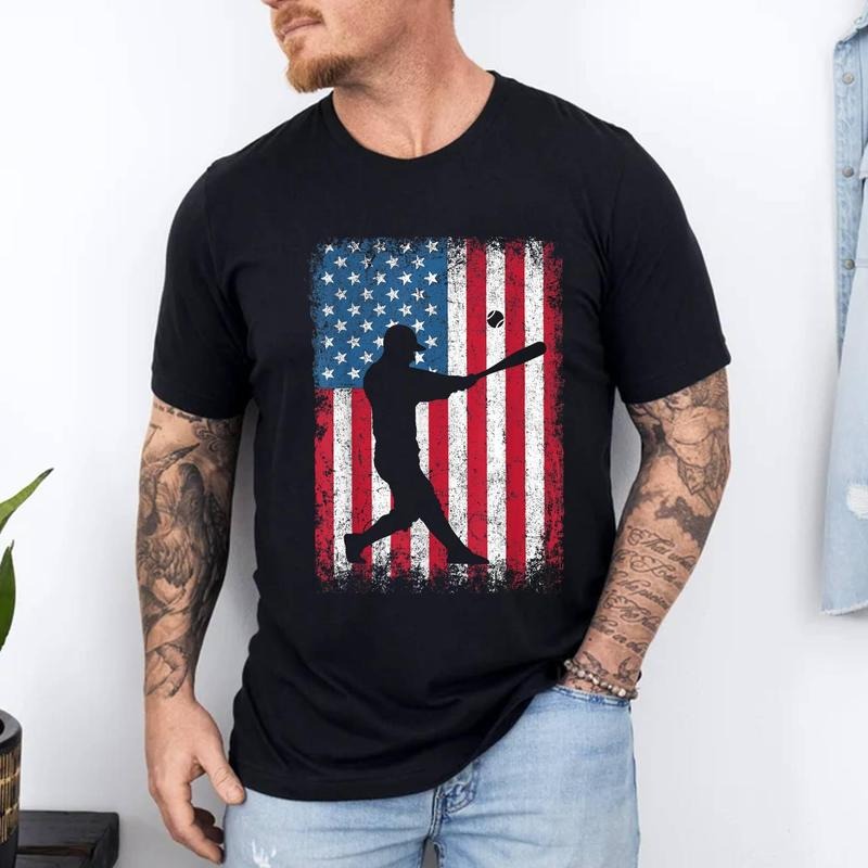 Patriotic Baseball 4th July USA American Flag 100% Cotton Top Menswear T-Shirts, Hoodie, Sweatshirt