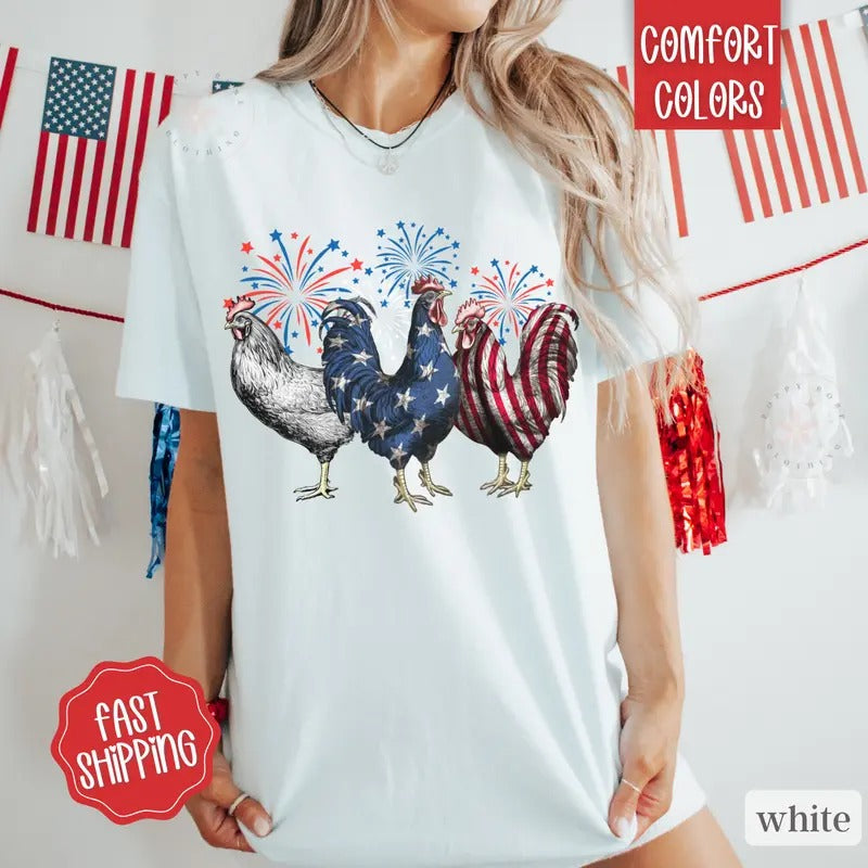 Patriotic Chicken Shirt Comfort Colors, July 4th Shirt, USA Oversized Graphic Tshirt, America Tshirts, Memorial Day Shirt...