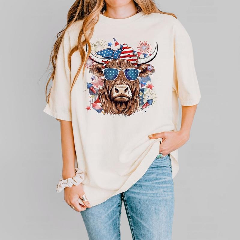 Patriotic Highland Cow Shirt, 4th Of July T-Shirt, USA Flag Bandana and Sunglasses, Independence Day Cow Tee, Retro...