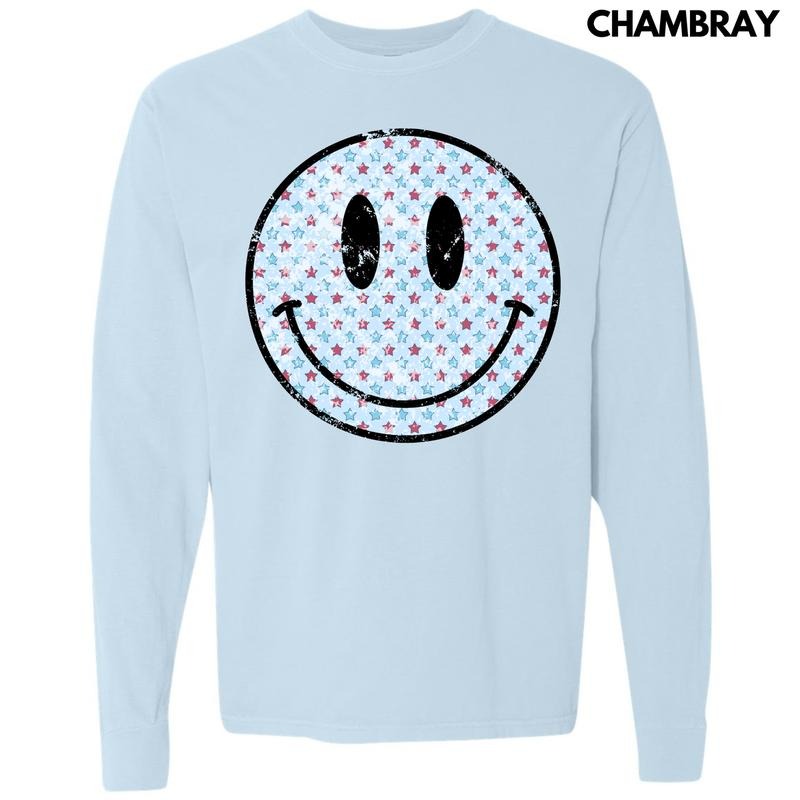Patriotic Stars Happy Face Long Sleeve Comfort Colors T-Shirt 'NLB' Hoodie, Sweatshirt | HypeDripTees.com
