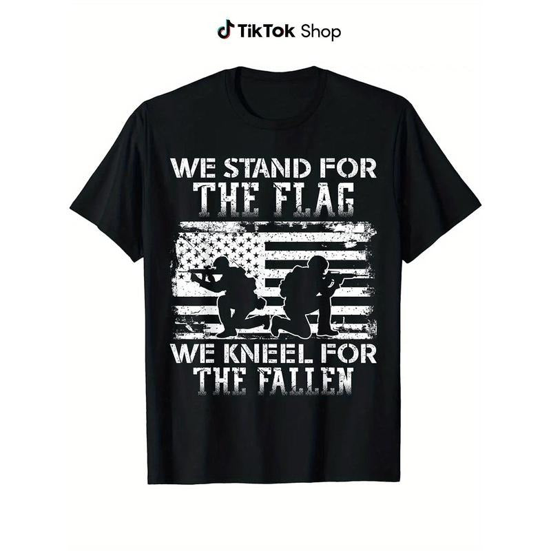 Patriotic Veteran T-Shirt - "We Stand for the Flag, Kneel for the Fallen" Design with American Flag & Soldier Silhouettes...