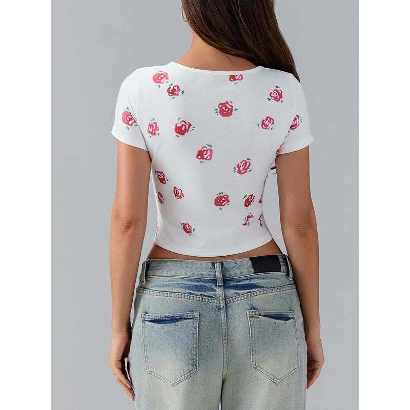 Women's Summer Fitted Crop Tops Short Sleeve Crewneck Solid Color/Pattern Print Cropped T-shirt Cotton Womenswear Hoodie,...