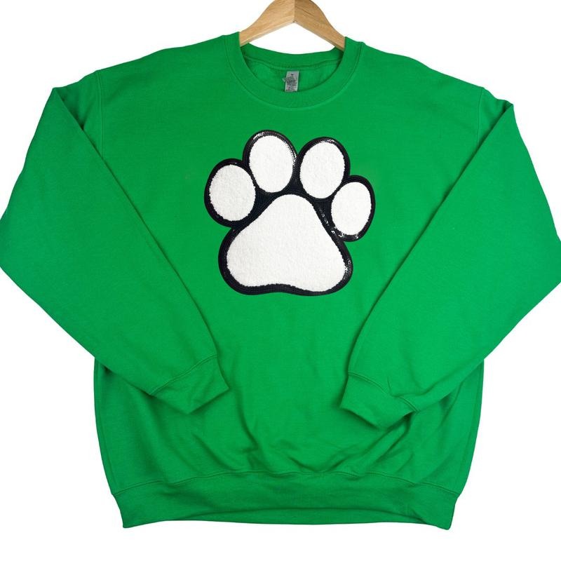 Paw Chenille Sequin Patch Sweatshirt -- KELLY GREEN T-Shirts, Hoodie | HypeDripTees.com