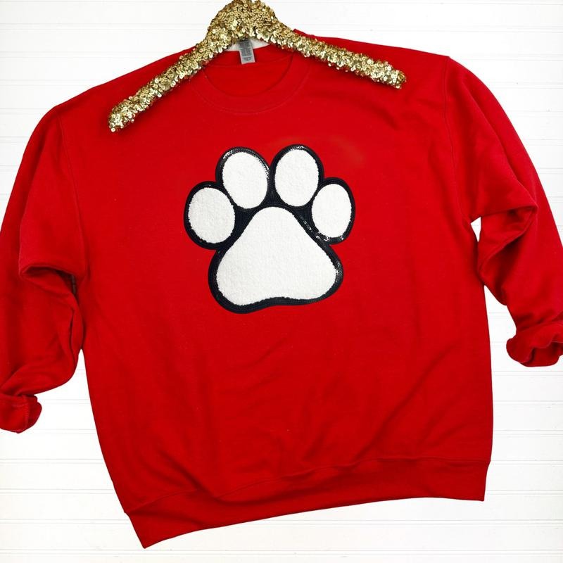 Paw Chenille Sequin Patch Sweatshirt -- RED T-Shirts, Hoodie | HypeDripTees.com