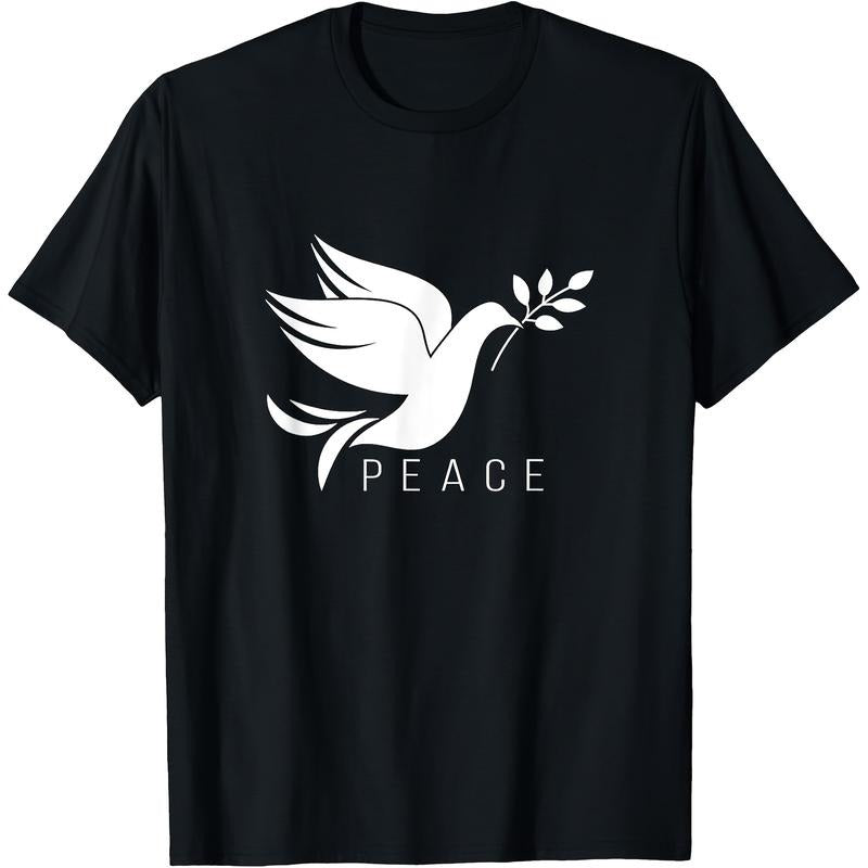 Peace Dove & Olive Branch Graphic T-Shirt, 100% Cotton, Regular Fit, Short Sleeve, Knit Fabric, Cartoon Pattern, with No...